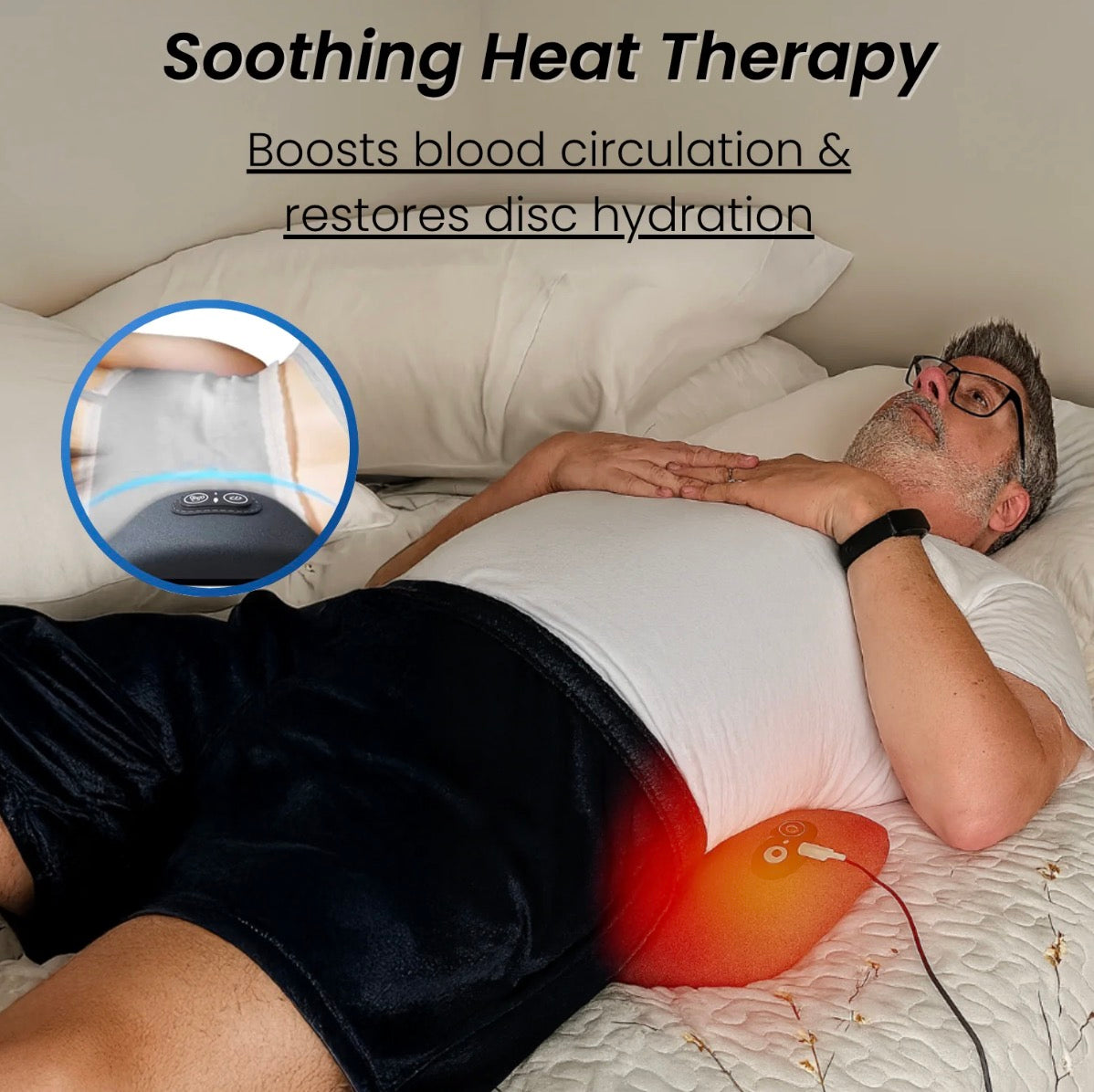 Man lying on a bed with a heating pad, text about soothing heat therapy.