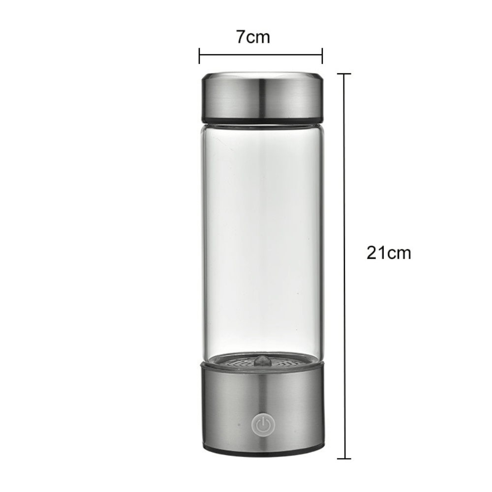 Hydrogen Water Bottle size guide showing 7cm width and 21cm height for compact portable use