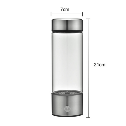 Hydrogen Water Bottle size guide showing 7cm width and 21cm height for compact portable use