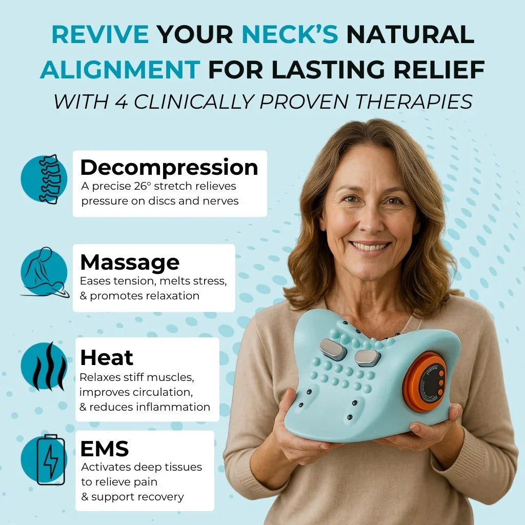 Woman holding a neck device with text about neck care therapies on a blue background