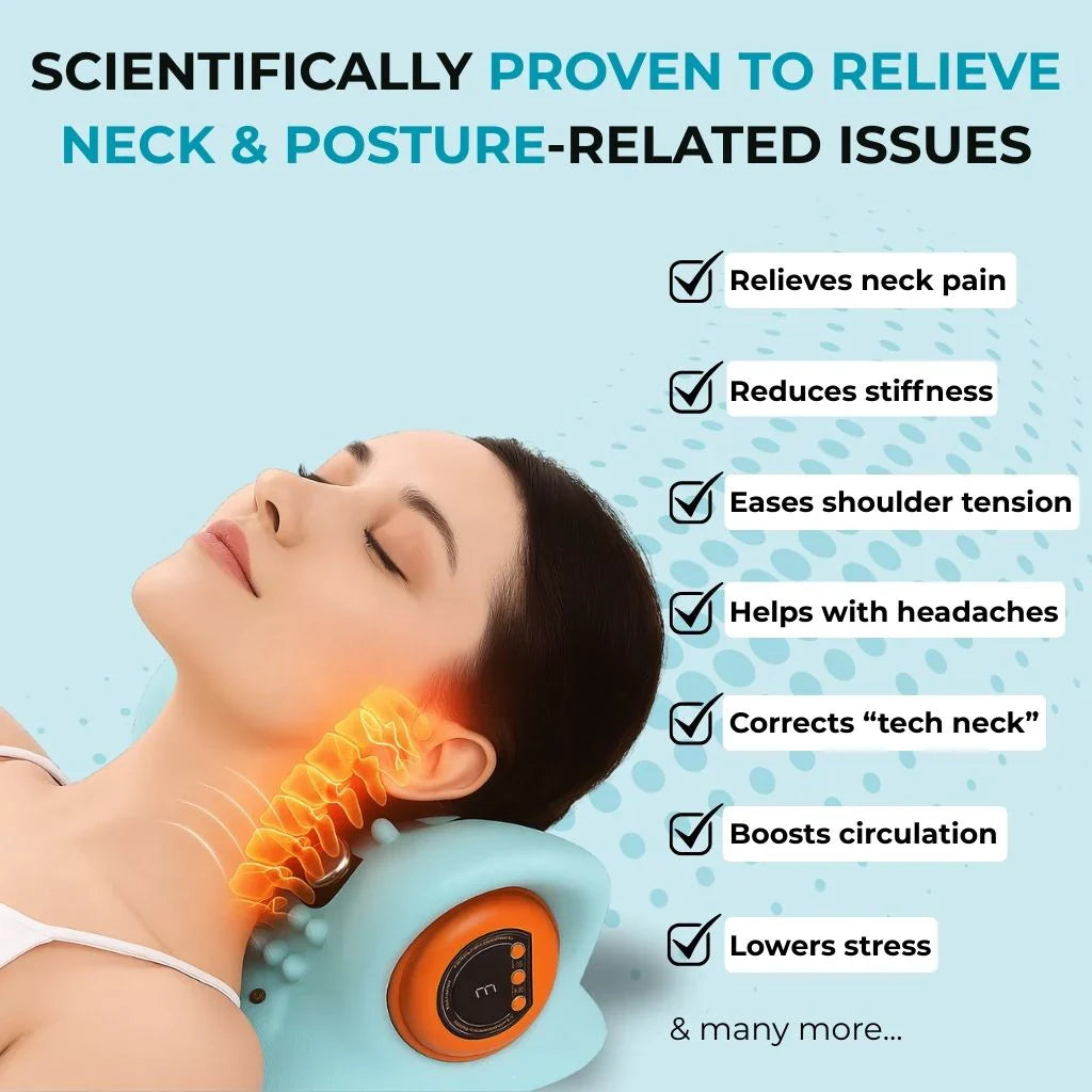 Neck massager being used on a person with text highlighting its benefits against a blue background