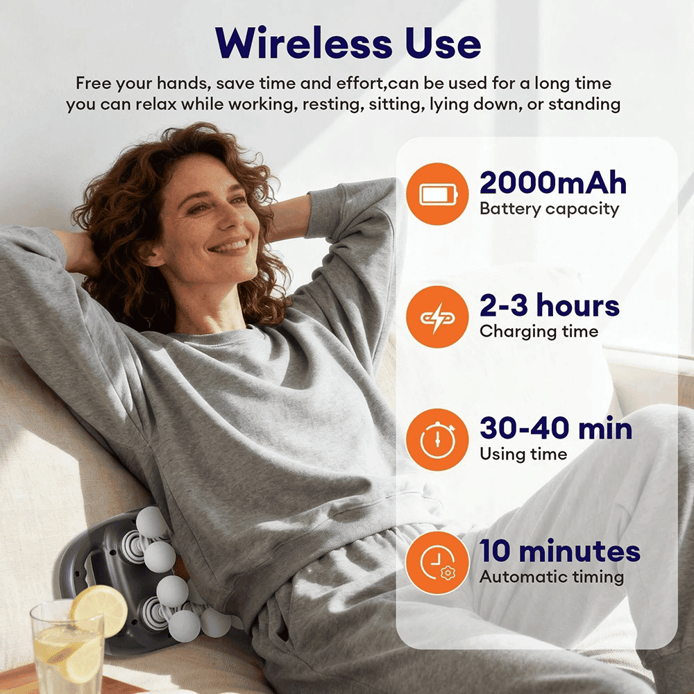 Woman relaxing with a wireless device, surrounded by text about its features and benefits.