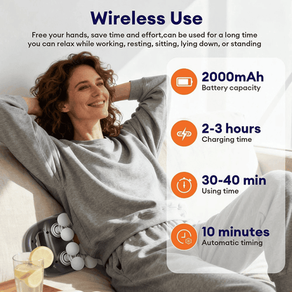 Woman relaxing with a wireless device, surrounded by text about its features and benefits.