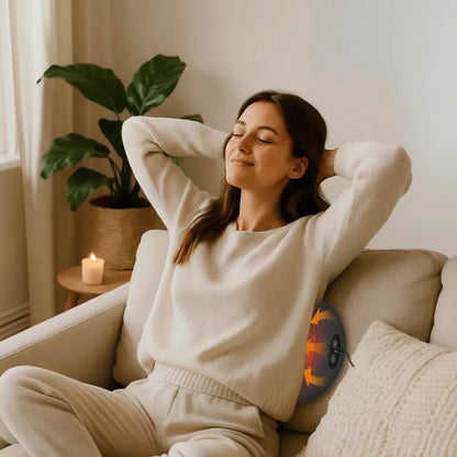 Woman relaxing on a couch with a cushion, surrounded by a cozy living room.